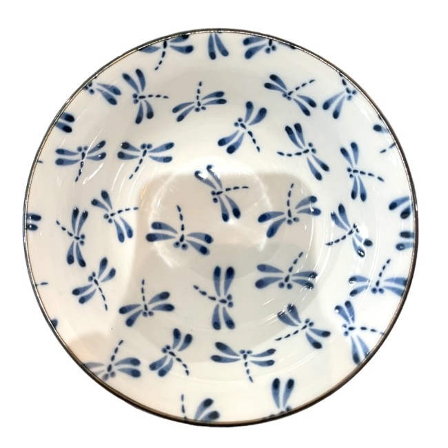 Bol japonais bleu en céramique aux motifs de libellules - blanc