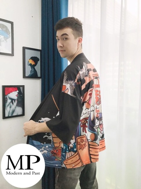 Kimono moderne japonais unisexe motif Neko Kodomo No Hi Koinobori festival 