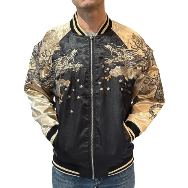 Veste Sukajan dragon argenté volant – broderies sur le devant Veste Sukajan dragon argenté volant broderies avant