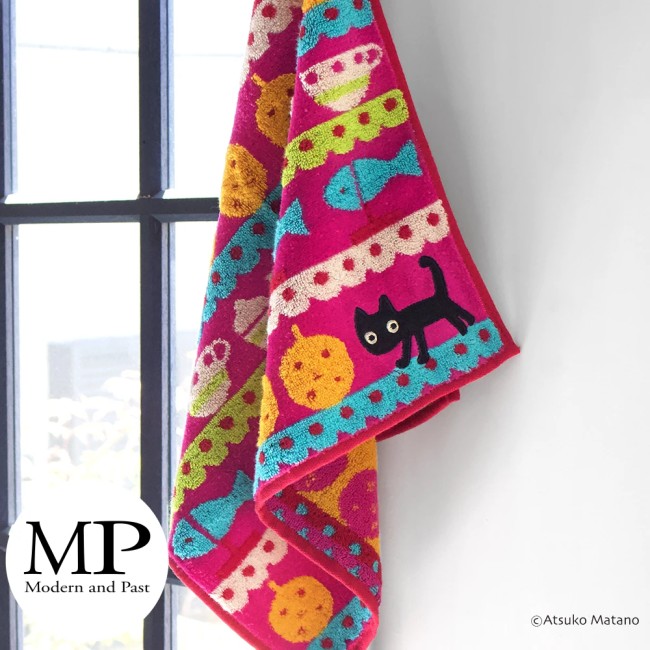 Essuie-mains japonais fuchsia motif chat MMBB Atsuko Matano