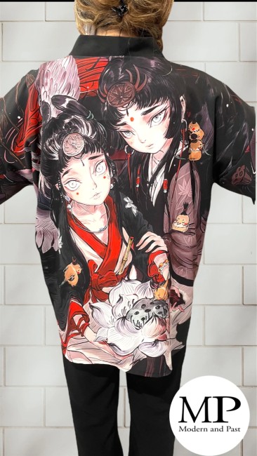 kimono moderne japonais noir motifs personnages – haori unisexe