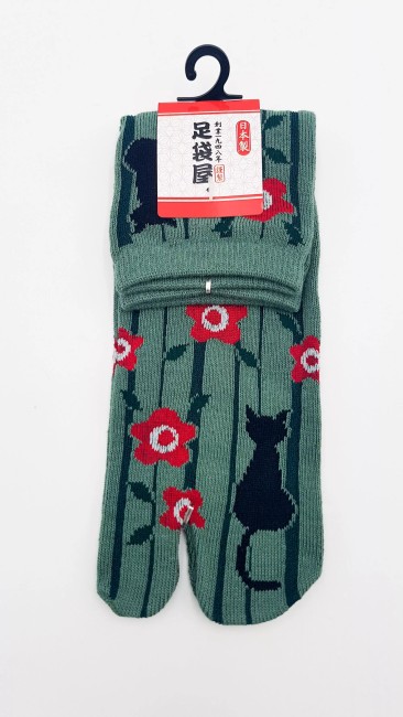 Chaussettes Tabi japonaises Chat noir Sakura Chaussettes japonaises Tabi motif chat noir et fleurs de Sakura - vert