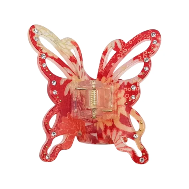 Pince papillon japonaise rouge en tissu chirimen chez Modern and Past