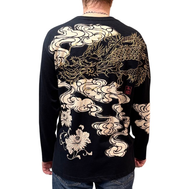 T-shirt Sukajan noir dragon doré brodé en relief et nuages