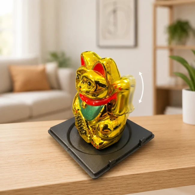 Mini chat porte-bonheur solaire Maneki Neko or sur socle noir Modern and Past