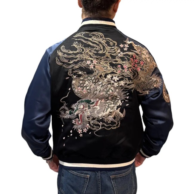 Veste Sukajan dragon doré dans le ciel – broderie manche et dos