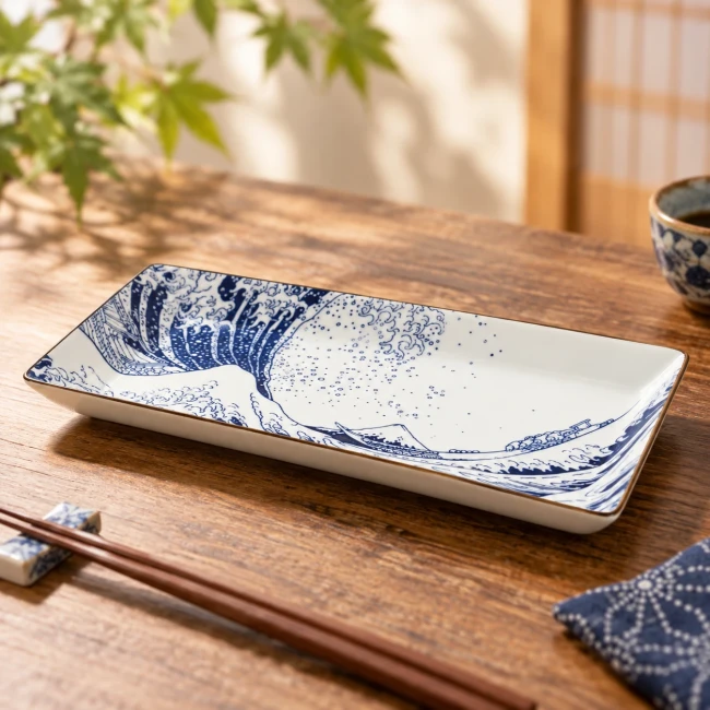 Assiette Hokusai rectangulaire en porcelaine japonaise - Modern and Past Assiette japonaise rectangulaire Hokusai Grande Vague de Kanagawa et Mont Fuji - Modern and Past