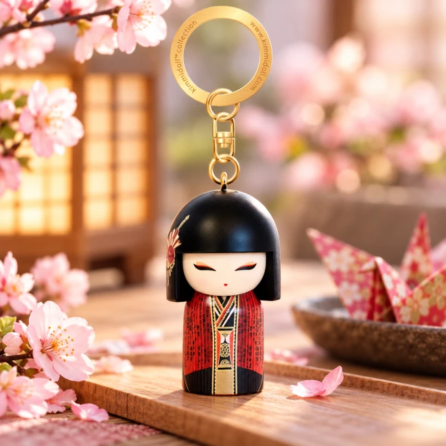 Porte-clés Kimmidoll Yukina – Confiance | Modern and Past Porte-clés Kimmidoll Yukina, mini Kokeshi japonaise au kimono rouge et noir – Modern and Past