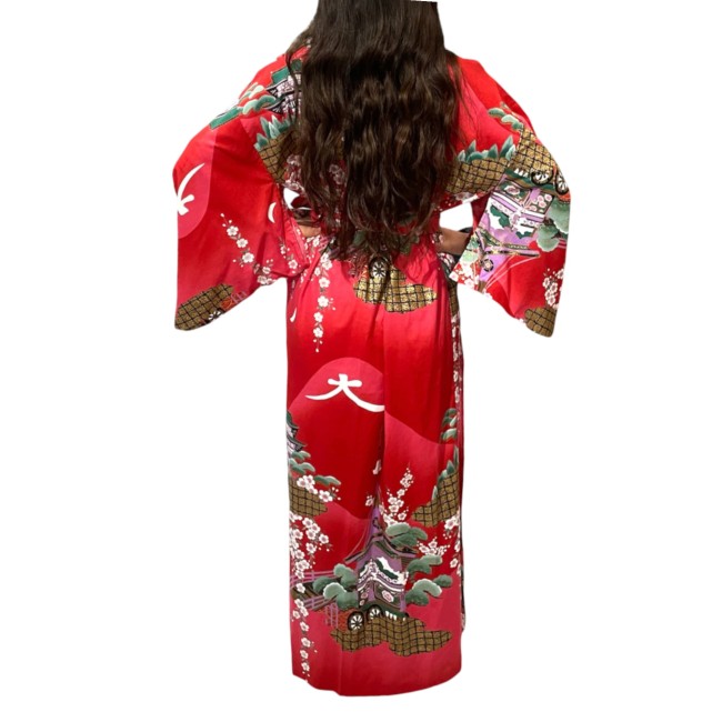 Yukata japonais long femme rouge motifs Kyoto au printemps