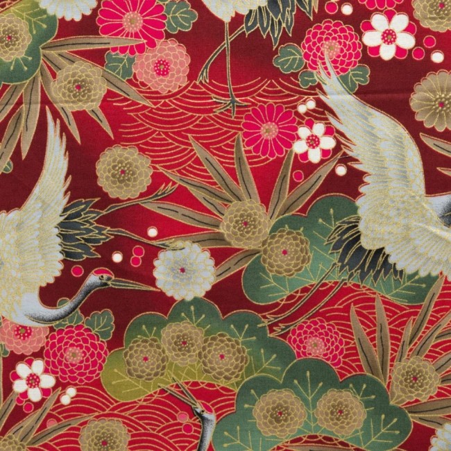 tissu japonais coton rouge gold grues fleurs