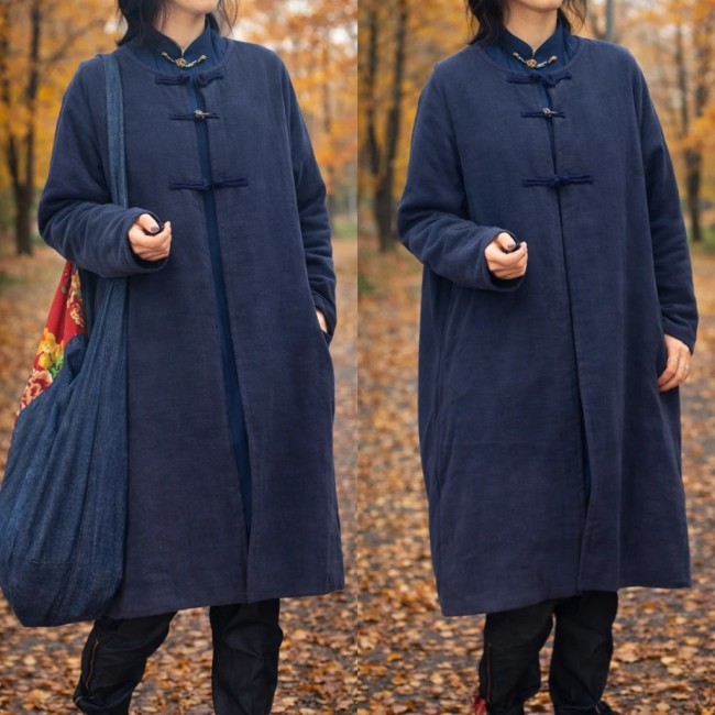 manteau asiatique bleu uni mi-long double couche coton laine