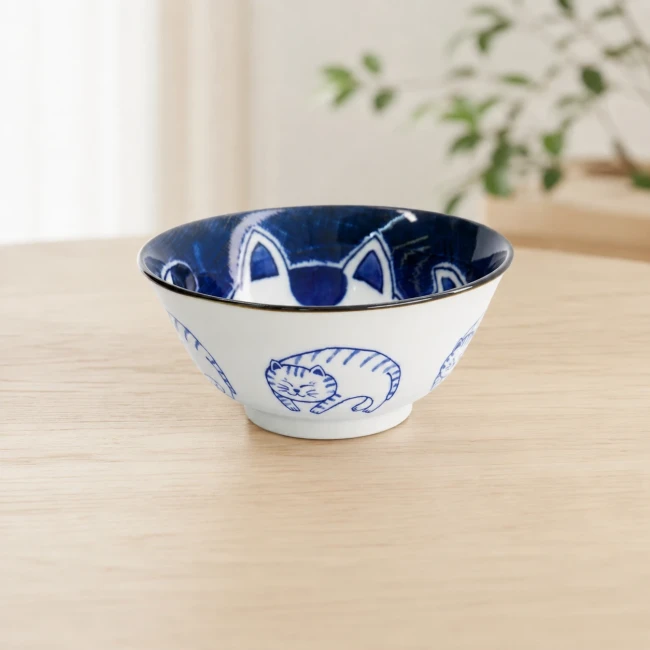 Bol japonais chat Tayo bleu et blanc en porcelaine Modern and Past