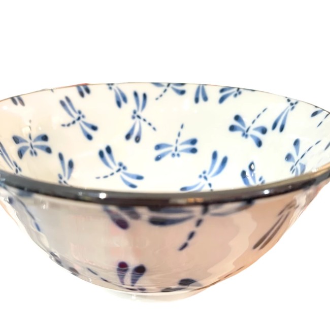 Bol japonais bleu en céramique aux motifs de libellules - blanc