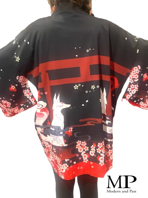 Kimono japonais Oji Kitsune – Haori renard et temple torii Kimono moderne japonais Oji Kitsune renard et temple torii haori unisexe