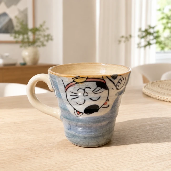 Mug japonais Kobiki Neko bleu vue latérale Mug japonais chat Kobiki Neko bleu fait main au Japon vue de côté