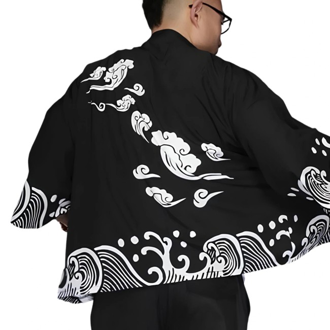Kimono moderne japonais Nuages et vagues – Haori unisexe Kimono japonais unisexe moderne Nuages et vagues streetwear