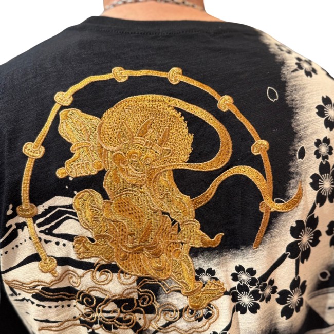 T-shirt Sukajan noir brodé Raijin et Fujin dieux japonais