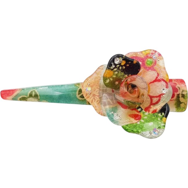 Pince à cheveux japonaise en tissu chirimen vert multicolore cristallisé