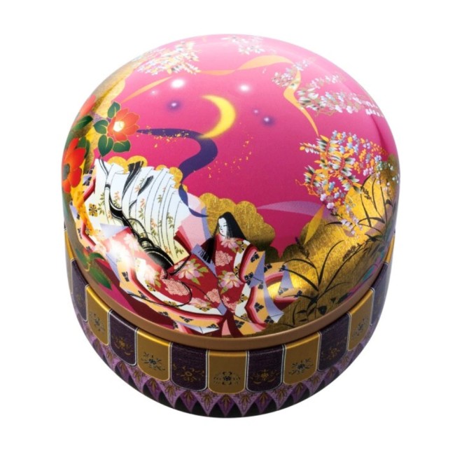 Boîte à thé japonaise Hitoe rouge – Motif féérique japonais – Fabriquée au Japon Boîte à thé japonaise Hitoe rouge en métal avec décor féérique japonais et liseré doré fabriquée au Japon