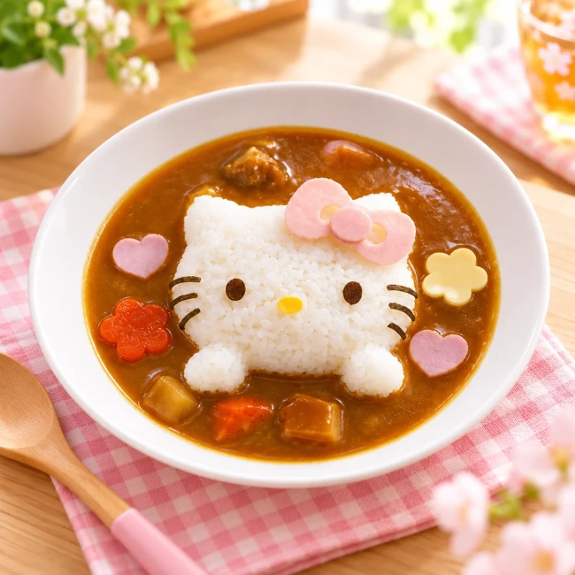 Moule à riz Hello Kitty pour curry japonais - Modern and Past Moule à riz Hello Kitty rose avec plaque décorative pour curry japonais - Modern and Past