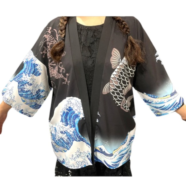 veste kimono japonaise Vague de Kanagawa carpe Koï dragon