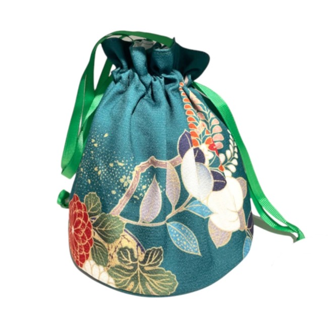 Sac de Kimono vert motifs fleurs avec fermeture à coulisse
