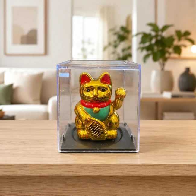 Mini chat porte-bonheur solaire Maneki Neko or sur socle noir Modern and Past