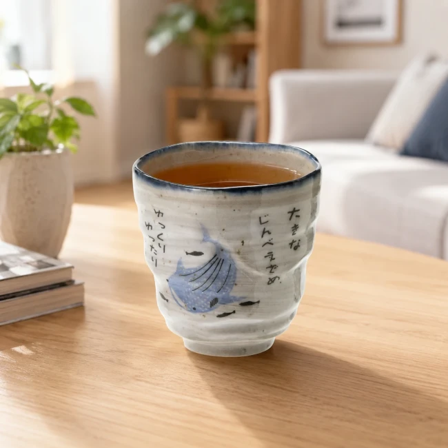 Tasse japonaise Ofuke Jinbei requin-baleine faite main au Japon Tasse japonaise à thé Ofuke Jinbei requin-baleine en porcelaine de Mino Modern and Past