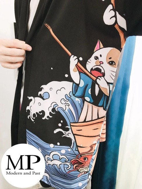 Kimono moderne japonais unisexe motif Neko Kodomo No Hi Koinobori festival 