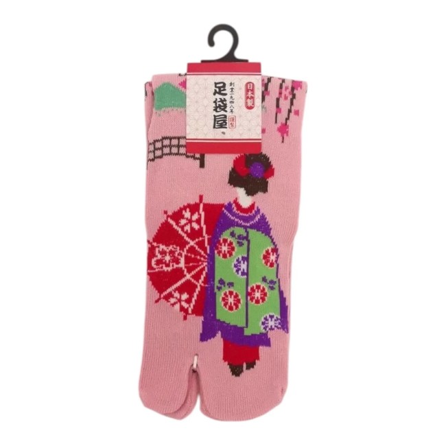 chaussettes japonaises Tabi avec motif de Geisha à l'ombrelle en Rose