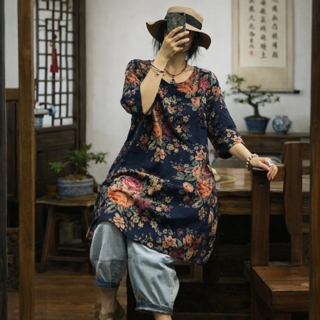 Tunique bleue 100% coton manches trois quarts style asiatique