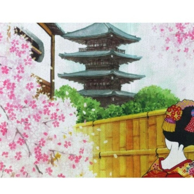 Noren japonais Sakura Kiyomizu avec geisha et cerisiers en fleurs fabriqué au Japon