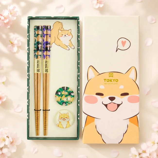 Coffret baguettes japonaises Shiba Tokyo Design Studio Coffret 2 paires de baguettes Shiba en bambou avec repose-baguettes en verre