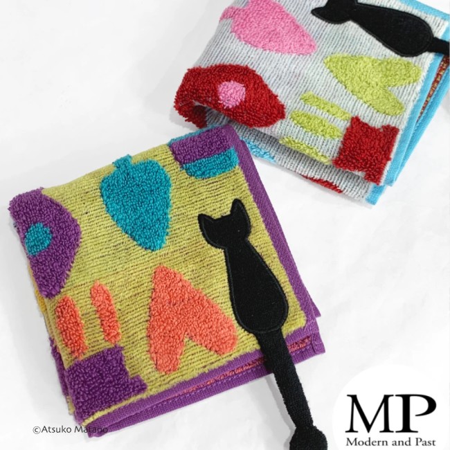 Mini serviette japonaise bleue en coton éponge motif chat Gardening Atsuko Matano fabriquée au Japon