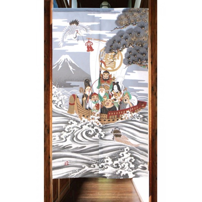 Noren japonais Sept Divinités du Bonheur avec mont Fuji