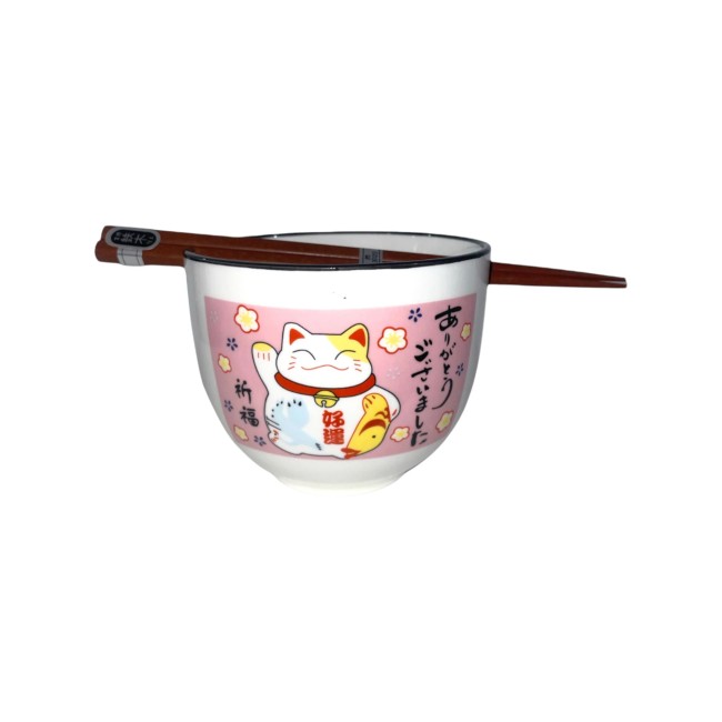 Bol japonais Maneki Neko avec repose-baguettes intégré - rose