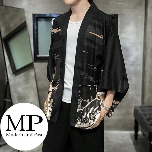 Kimono moderne japonais unisexe motif kitsune et torii