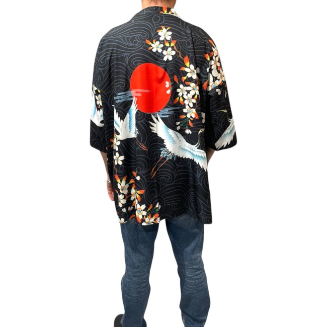 Kimono moderne japonais noir – Grue blanche et soleil levant