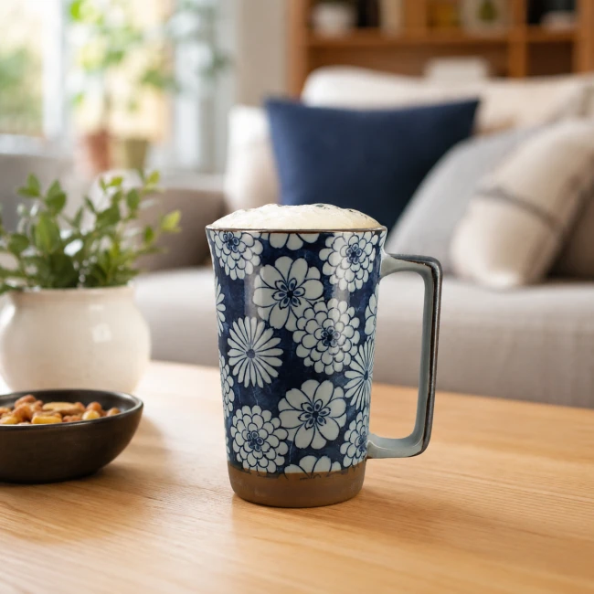 Chope à bière japonaise motif floral bleu - Modern and Past Chope japonaise bleue avec mousse de bière et grande anse - Modern and Past