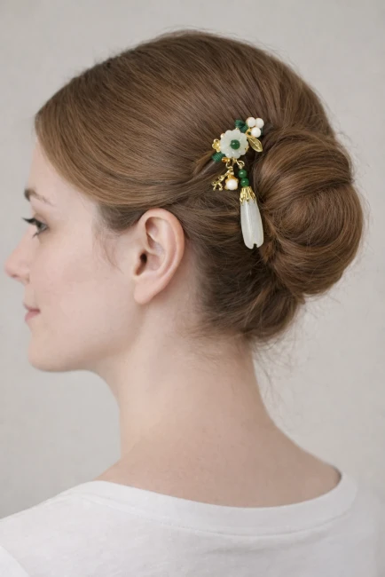 Pic à cheveux japonais fleur blanche porté dans un chignon chez Modern and Past
