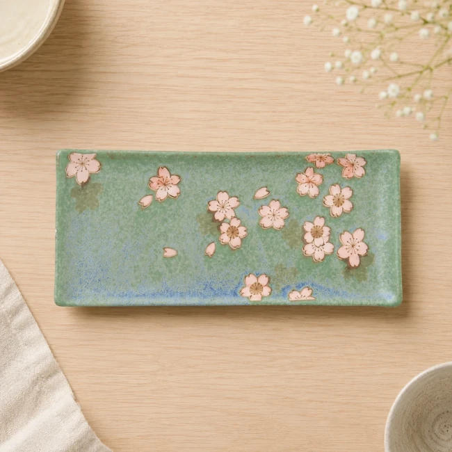 Assiette japonaise rectangulaire verte motifs Sakura Assiette japonaise rectangulaire verte Sakura faite main au Japon Modern and Past