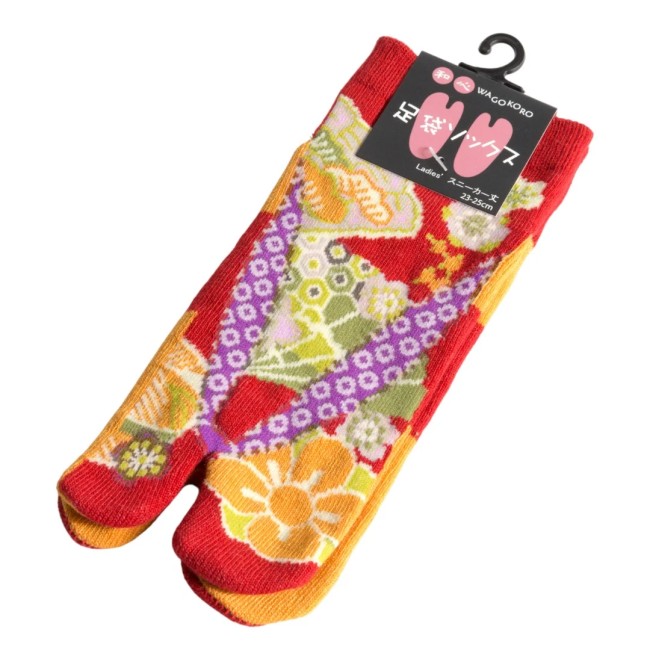 chaussettes tabi japonaises motif geta fleurs rouge