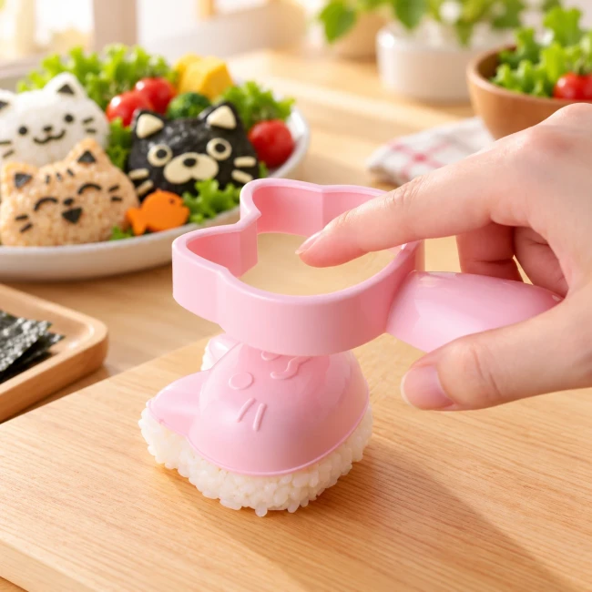Kit moule à onigiri chat Neko Kao rose avec emporte-pièces Arnest Japon - Modern and Past