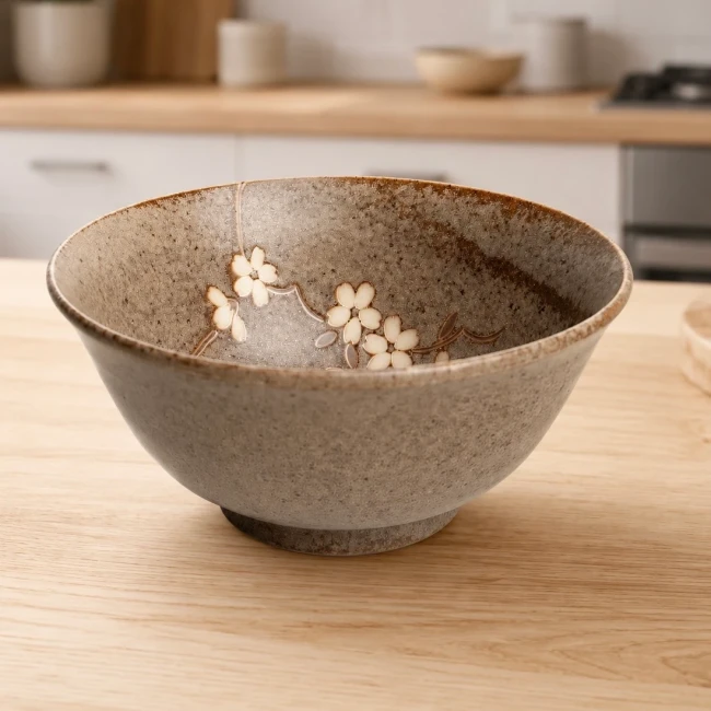 Bol japonais taupe fait main au Japon - Modern and Past Bol japonais taupe avec fleurs de cerisier en relief - Modern and Past