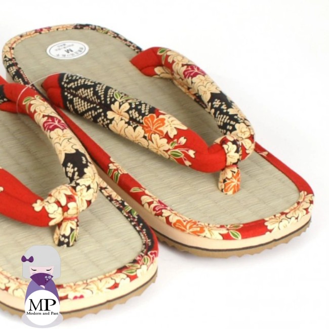 Sandales Zori japonaises rouges modèle Naomi fabrication japonaise Zori japonaises Naomi rouge en paille avec hanao coton fleuri