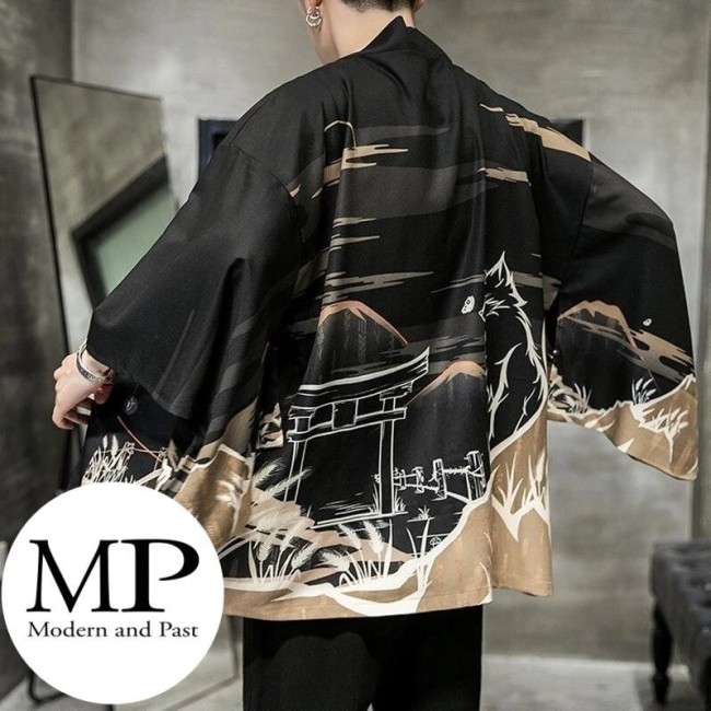 Kimono moderne japonais unisexe motif kitsune et torii