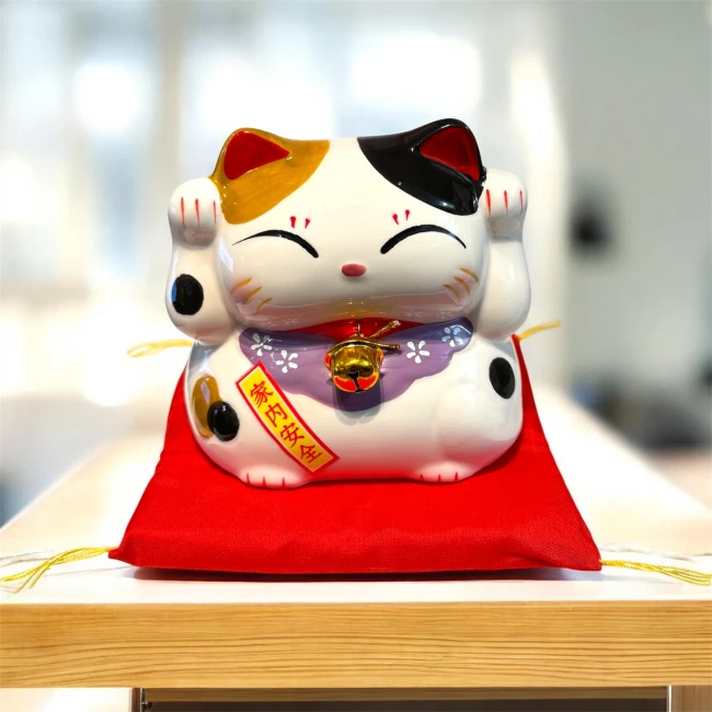 Tirelire japonaise Maneki Neko Calico en céramique avec coussinet rouge chez Modern and Past