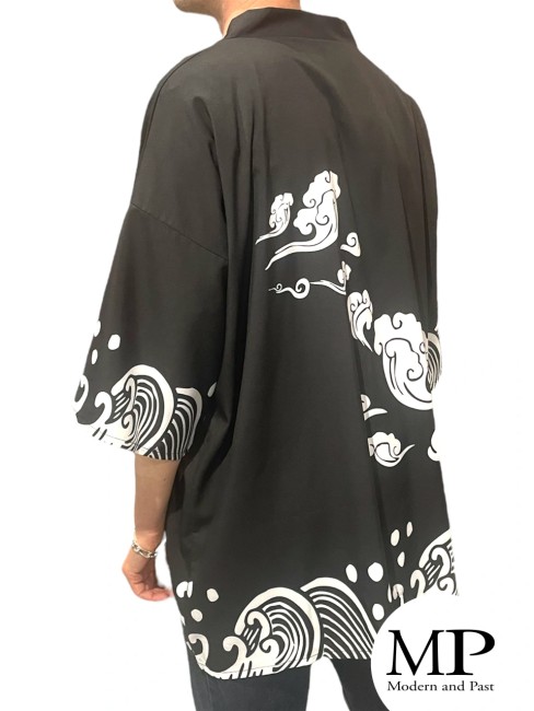 Kimono long moderne japonais Nuages et vagues – Haori unisexe Kimono long japonais unisexe motifs nuages et vagues streetwear