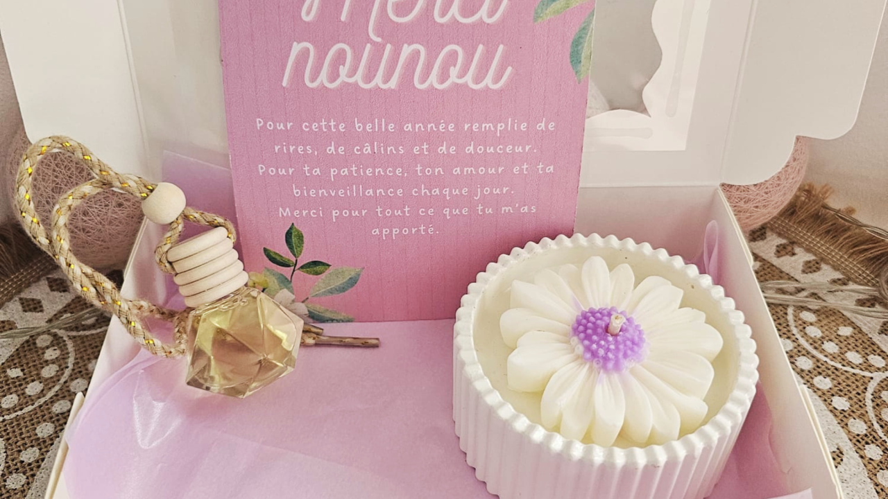 Coffret cadeau nounou ATSEM bougie iris jasmin diffuseur L'Âme Sucrée