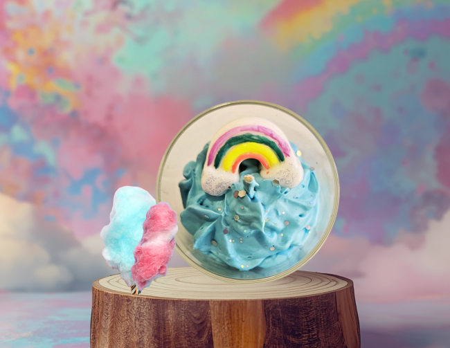 Bougie gourmande Arc-en-sucre vue du dessus cire soja coco